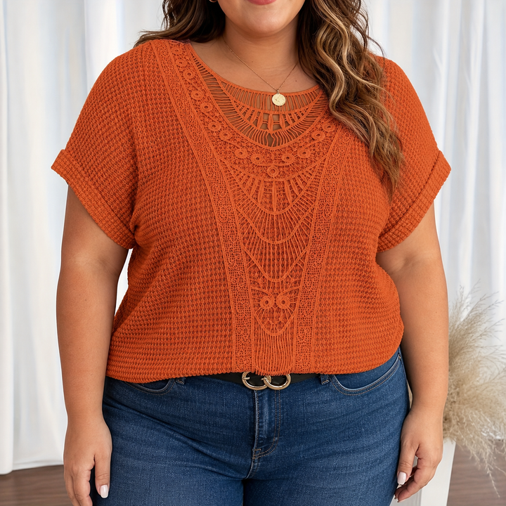 Celeste | Plus Size Waffle Knit Crochet Lace Top for Women