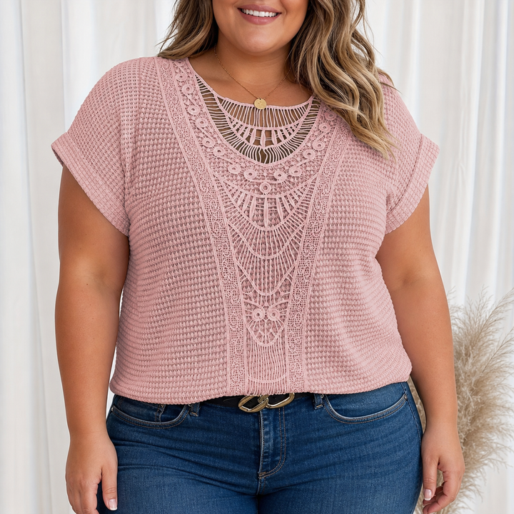 Celeste | Plus Size Waffle Knit Crochet Lace Top for Women