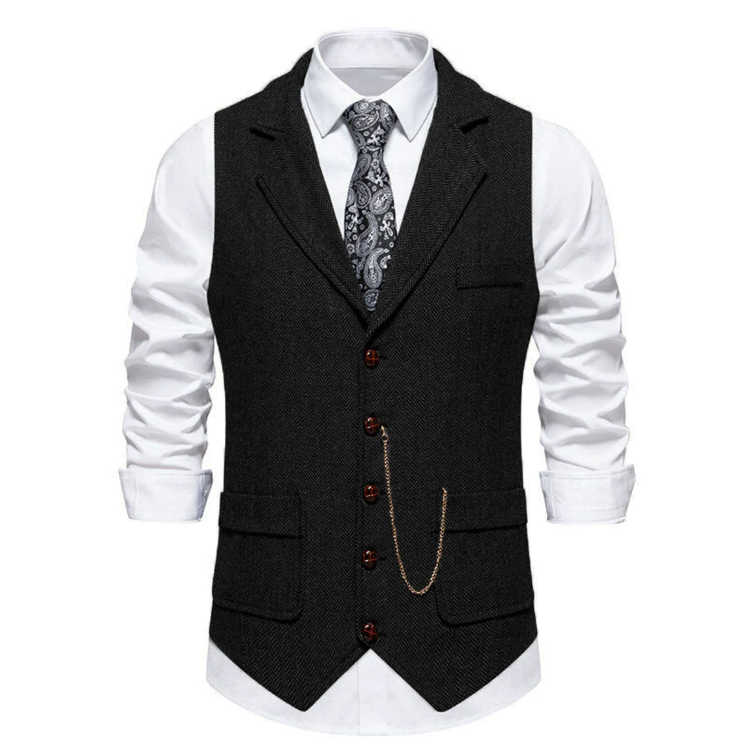 Men's Herringbone Suit Waistcoat with Lapel and Chain Detail