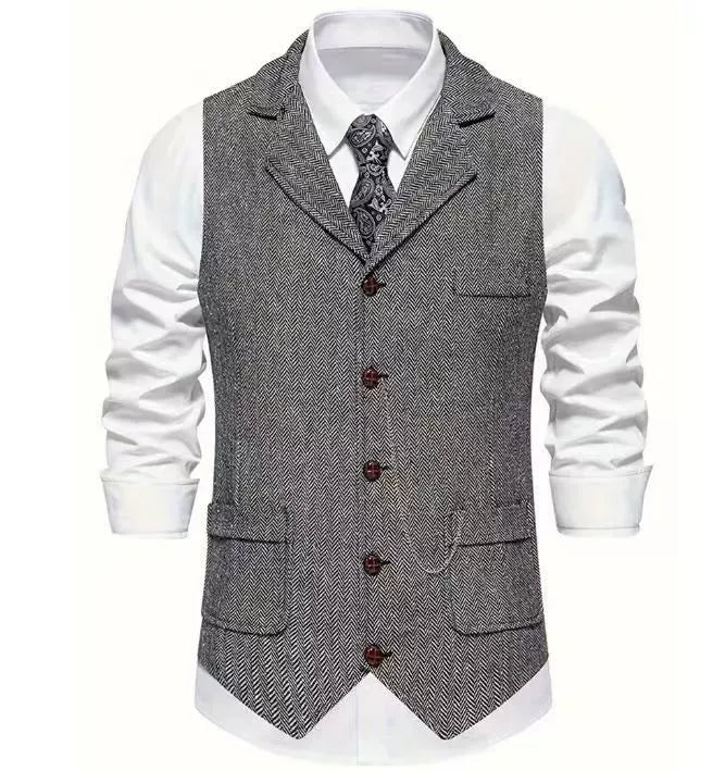Men's Herringbone Suit Waistcoat with Lapel and Chain Detail