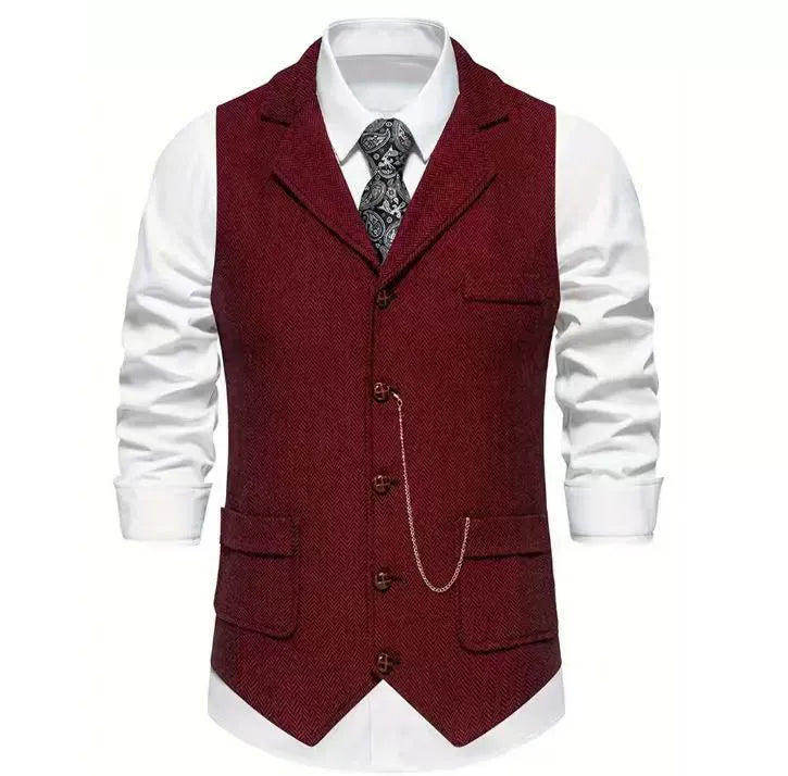 Men's Herringbone Suit Waistcoat with Lapel and Chain Detail