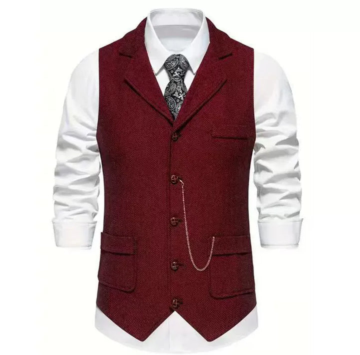 Men's Herringbone Suit Waistcoat with Lapel and Chain Detail
