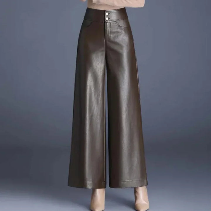 Imogen Women's High-Waisted Wide Leg Faux Leather Trousers with Button Fly