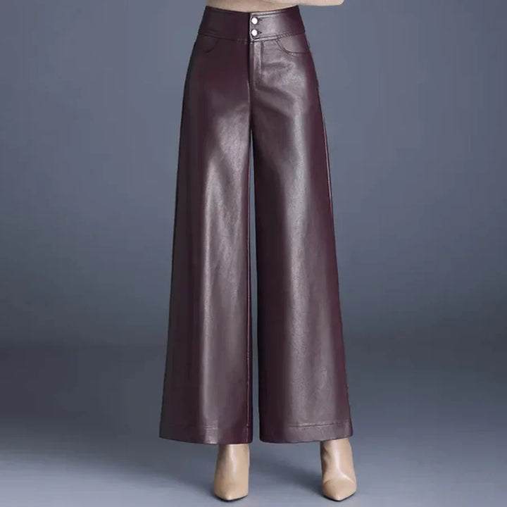 Imogen Women's High-Waisted Wide Leg Faux Leather Trousers with Button Fly