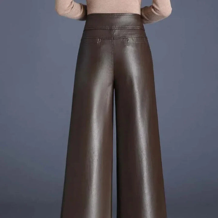 Imogen Women's High-Waisted Wide Leg Faux Leather Trousers with Button Fly
