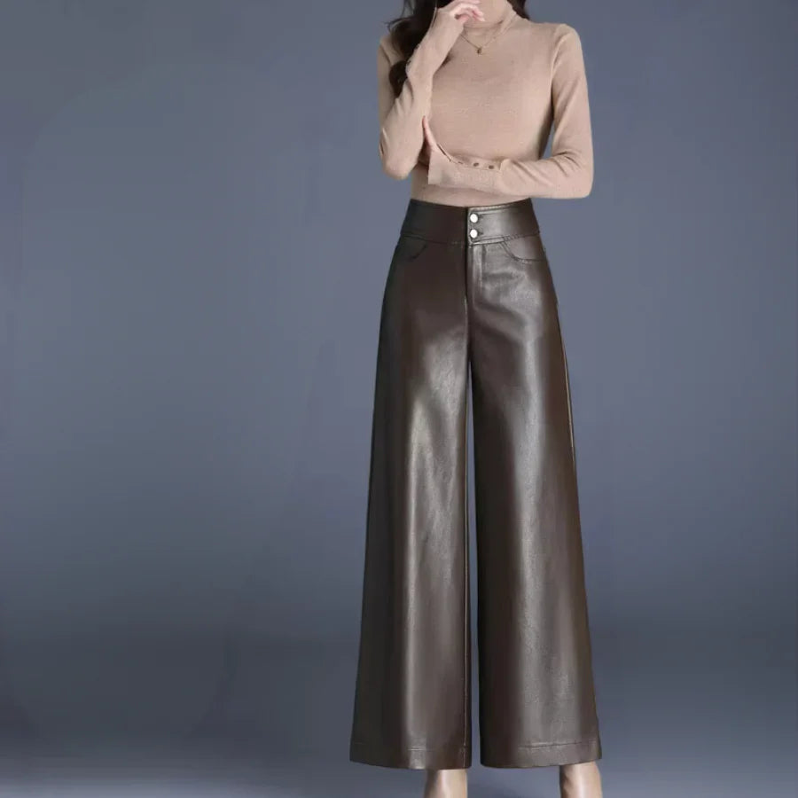 Imogen Women's High-Waisted Wide Leg Faux Leather Trousers with Button Fly