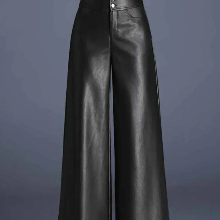 Imogen Women's High-Waisted Wide Leg Faux Leather Trousers with Button Fly