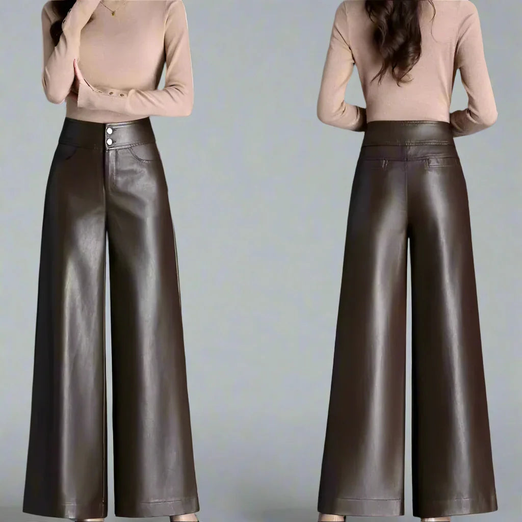 Imogen Women's High-Waisted Wide Leg Faux Leather Trousers with Button Fly