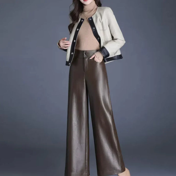 Imogen Women's High-Waisted Wide Leg Faux Leather Trousers with Button Fly