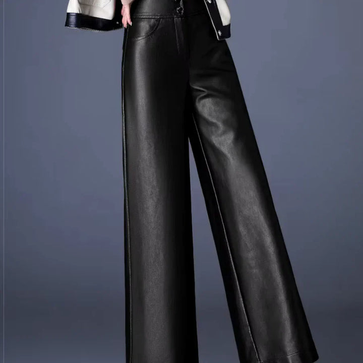 Imogen Women's High-Waisted Wide Leg Faux Leather Trousers with Button Fly