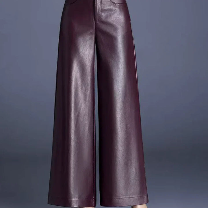 Imogen Women's High-Waisted Wide Leg Faux Leather Trousers with Button Fly