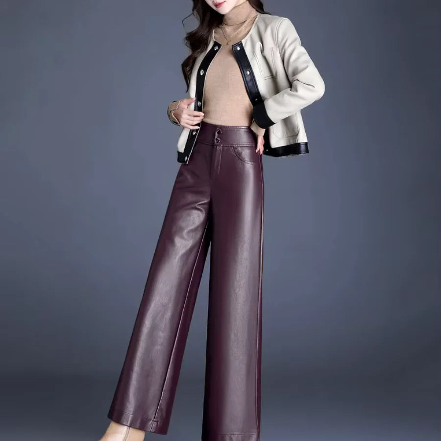 Imogen Women's High-Waisted Wide Leg Faux Leather Trousers with Button Fly