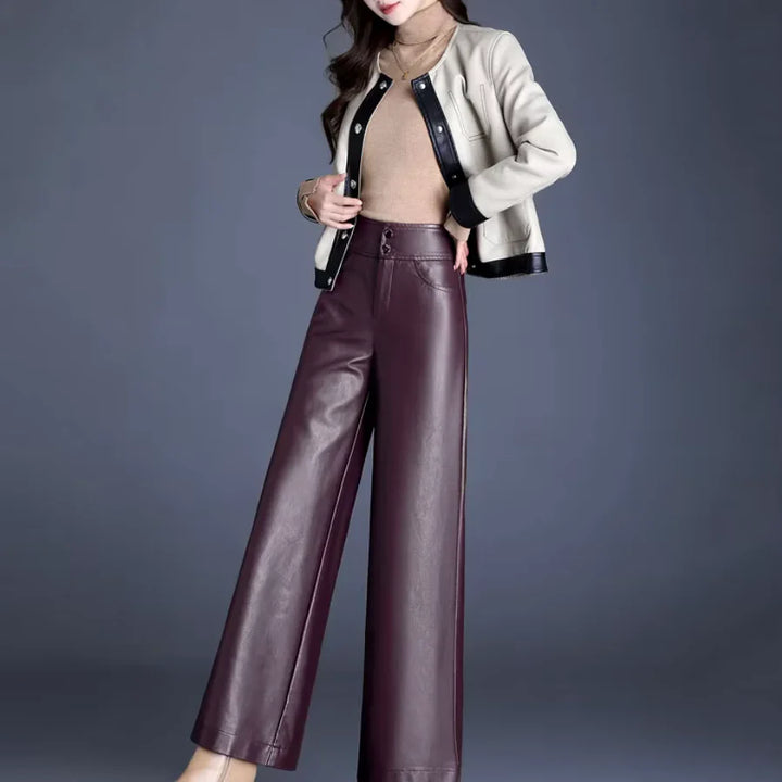 Imogen Women's High-Waisted Wide Leg Faux Leather Trousers with Button Fly