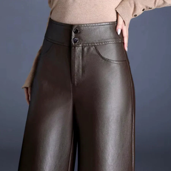 Imogen Women's High-Waisted Wide Leg Faux Leather Trousers with Button Fly