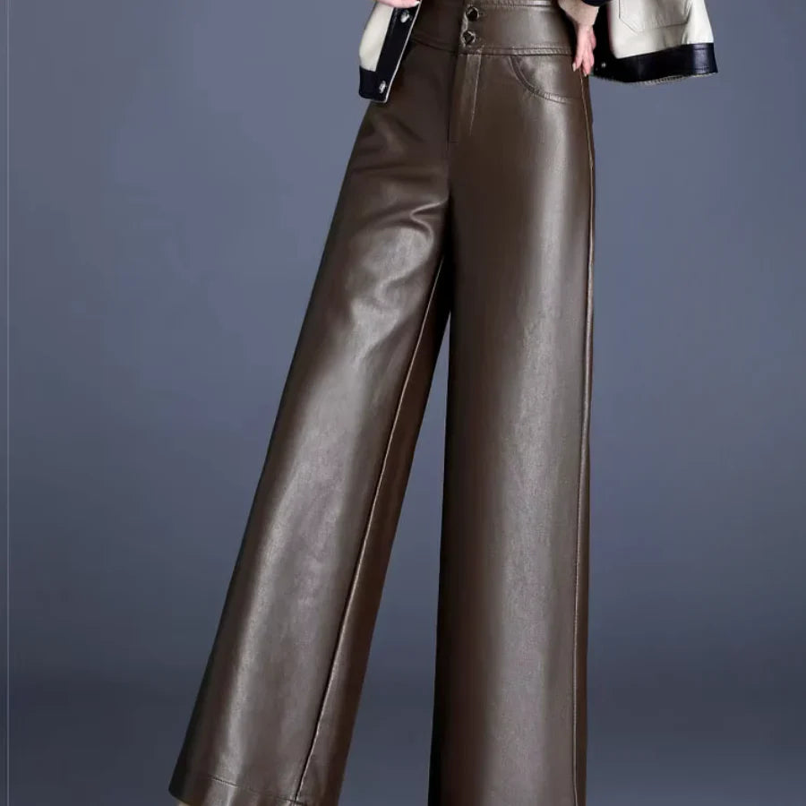 Imogen Women's High-Waisted Wide Leg Faux Leather Trousers with Button Fly