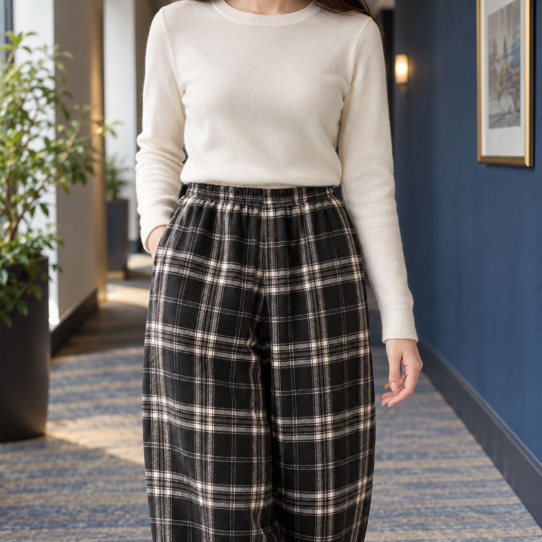 Margot | Plaid Fleece-Lined Wide Leg Pants for Women