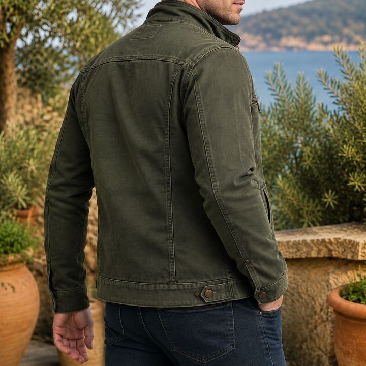Men's Olive Green Stand Collar Cotton-Blend Utility Zip Jacket