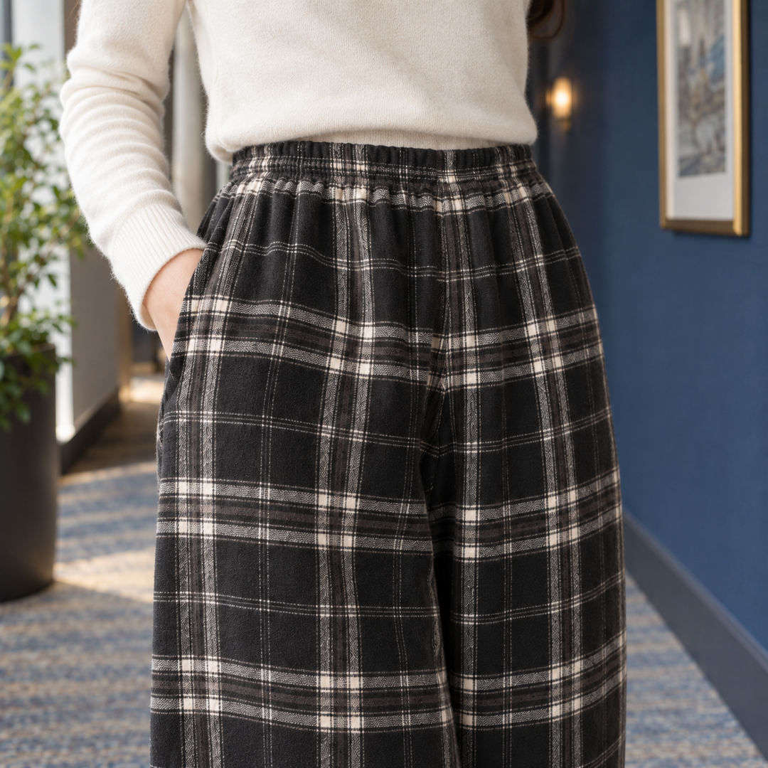 Margot | Plaid Fleece-Lined Wide Leg Pants for Women