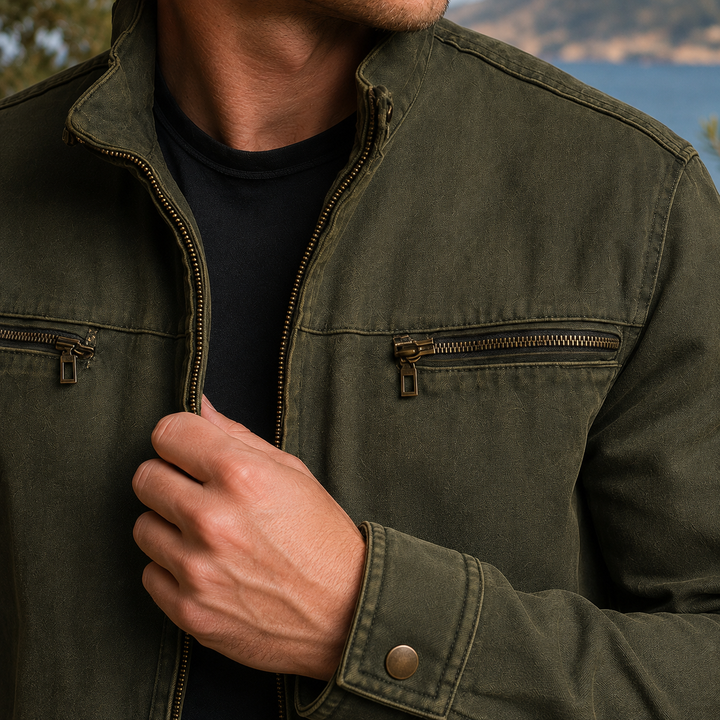 Men's Olive Green Stand Collar Cotton-Blend Utility Zip Jacket