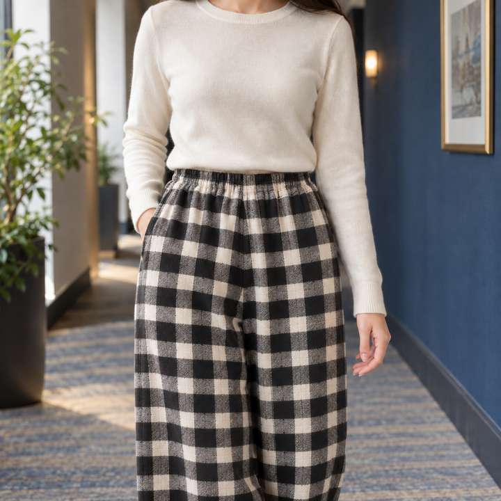 Margot | Plaid Fleece-Lined Wide Leg Pants for Women