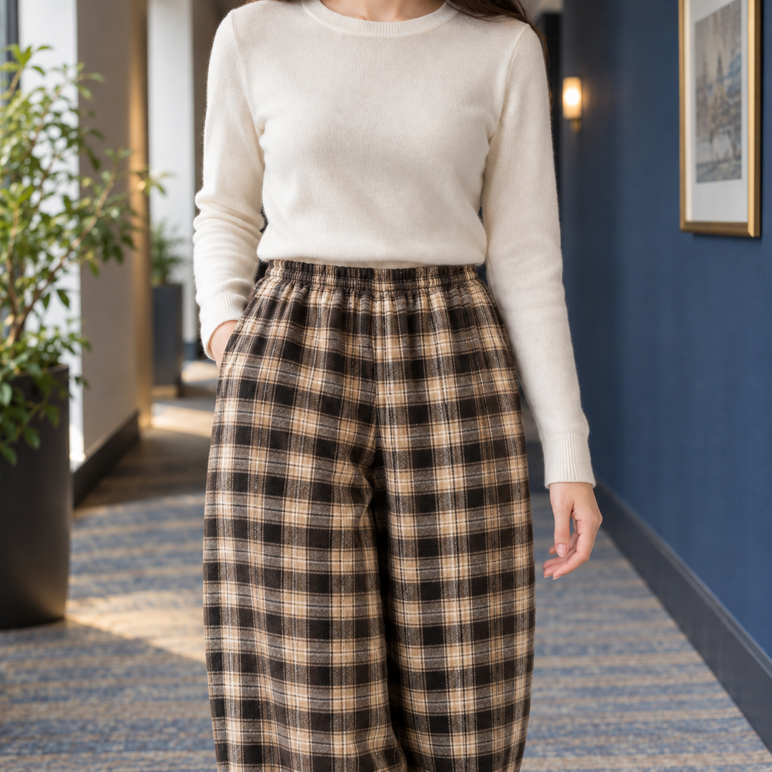 Margot | Plaid Fleece-Lined Wide Leg Pants for Women