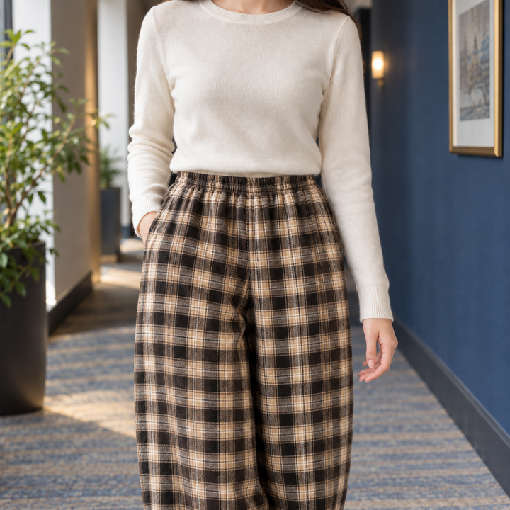 Margot | Plaid Fleece-Lined Wide Leg Pants for Women