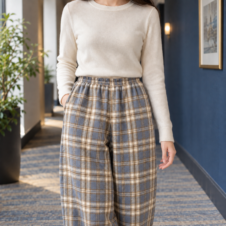Margot | Plaid Fleece-Lined Wide Leg Pants for Women