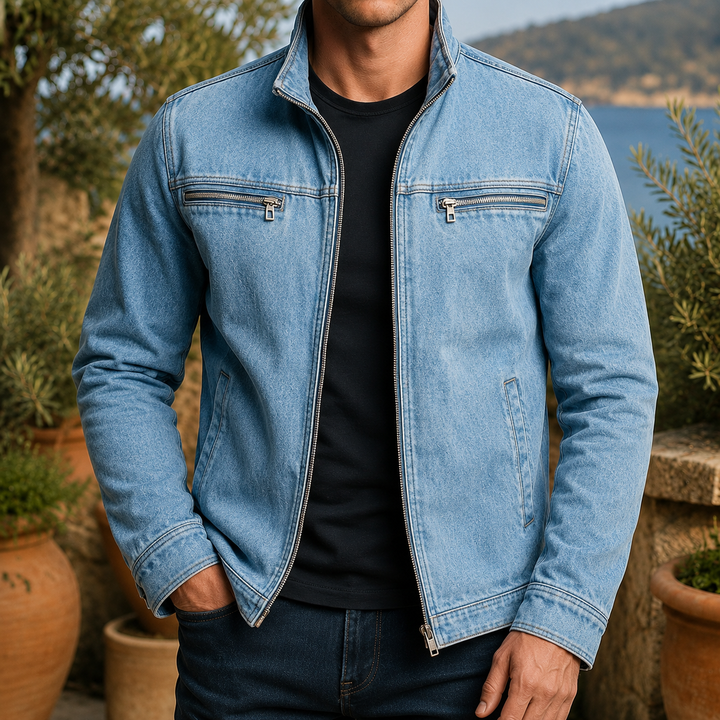 Men's Olive Green Stand Collar Cotton-Blend Utility Zip Jacket