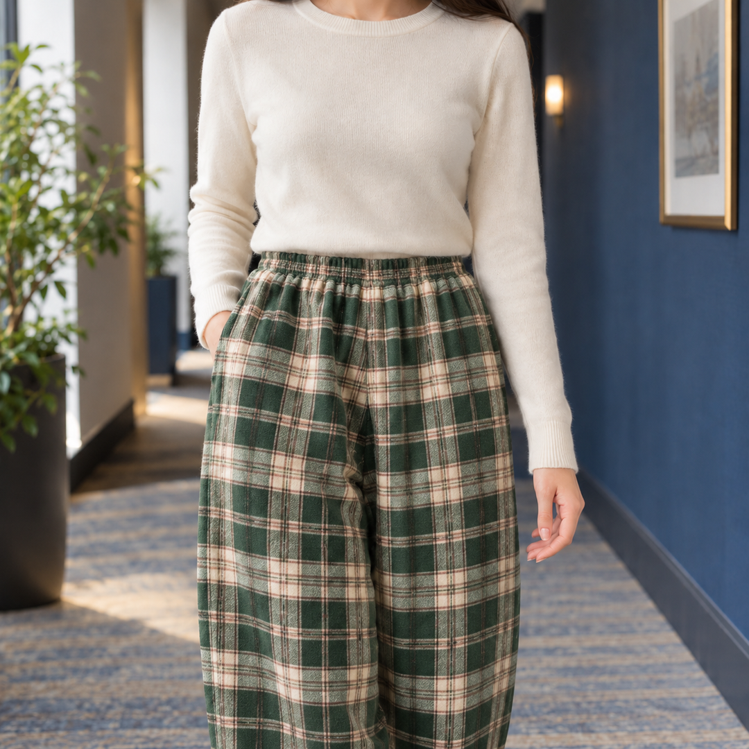 Margot | Plaid Fleece-Lined Wide Leg Pants for Women