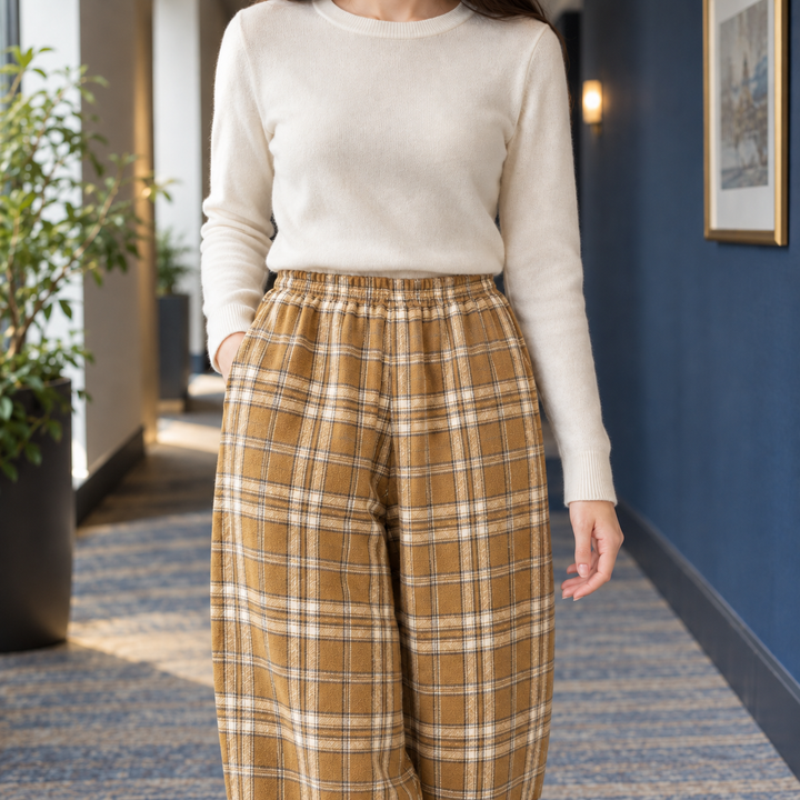 Margot | Plaid Fleece-Lined Wide Leg Pants for Women