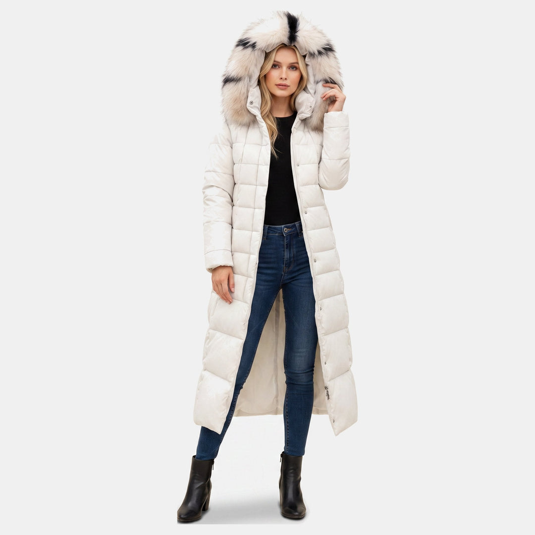 Women's Maxi Quilted Puffer Coat with Faux Fur Hood and Self-Tie Belt