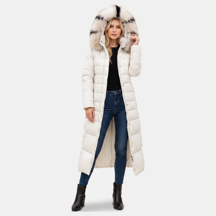 Women's Maxi Quilted Puffer Coat with Faux Fur Hood and Self-Tie Belt
