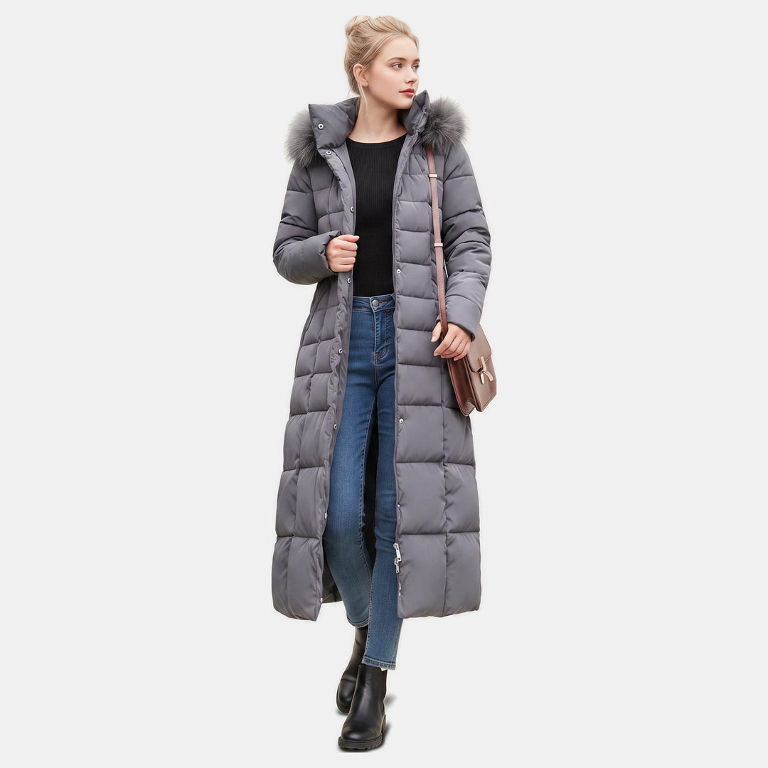 Women's Maxi Quilted Puffer Coat with Faux Fur Hood and Self-Tie Belt