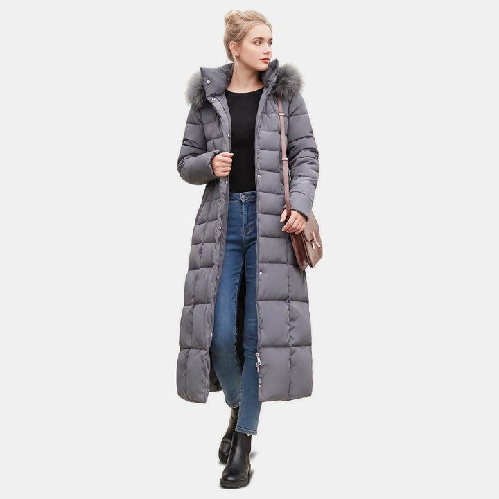 Women's Maxi Quilted Puffer Coat with Faux Fur Hood and Self-Tie Belt