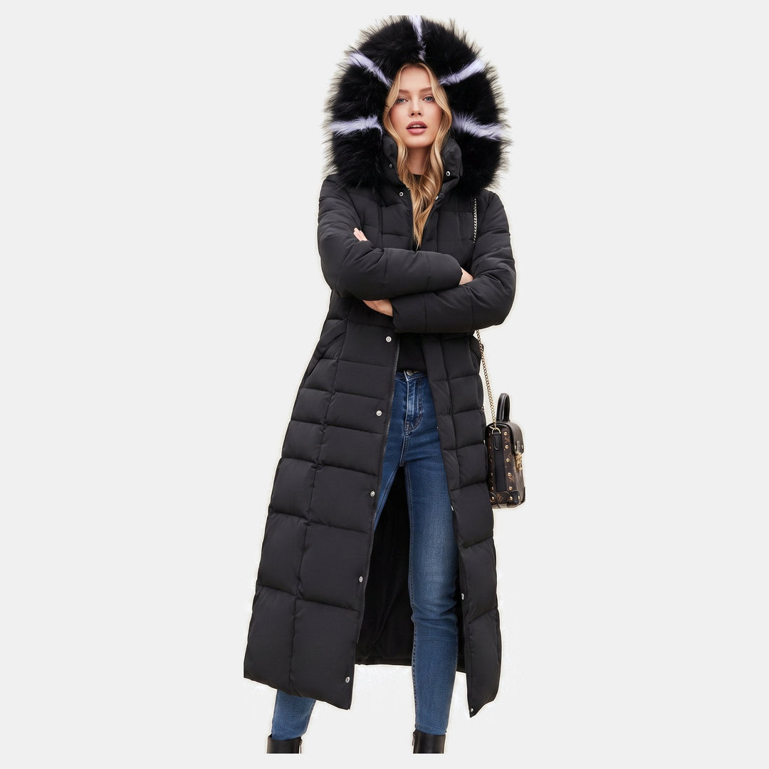 Women's Maxi Quilted Puffer Coat with Faux Fur Hood and Self-Tie Belt