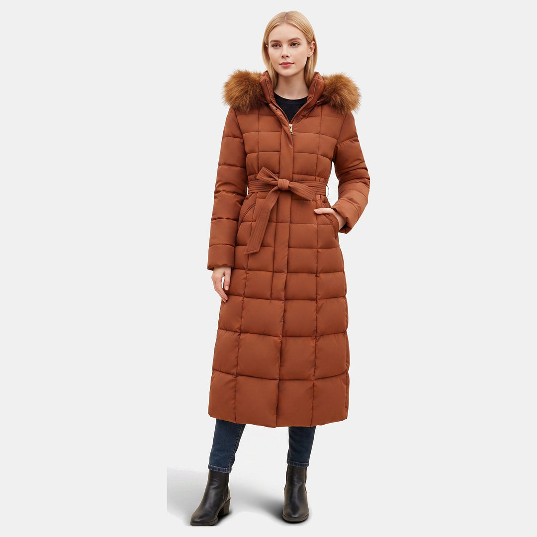 Women's Maxi Quilted Puffer Coat with Faux Fur Hood and Self-Tie Belt