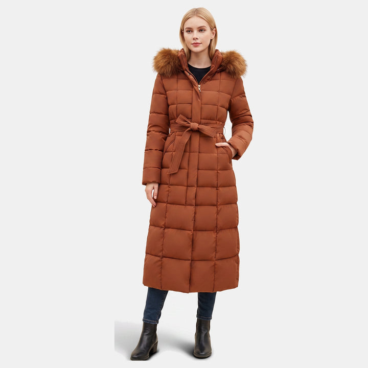 Women's Maxi Quilted Puffer Coat with Faux Fur Hood and Self-Tie Belt