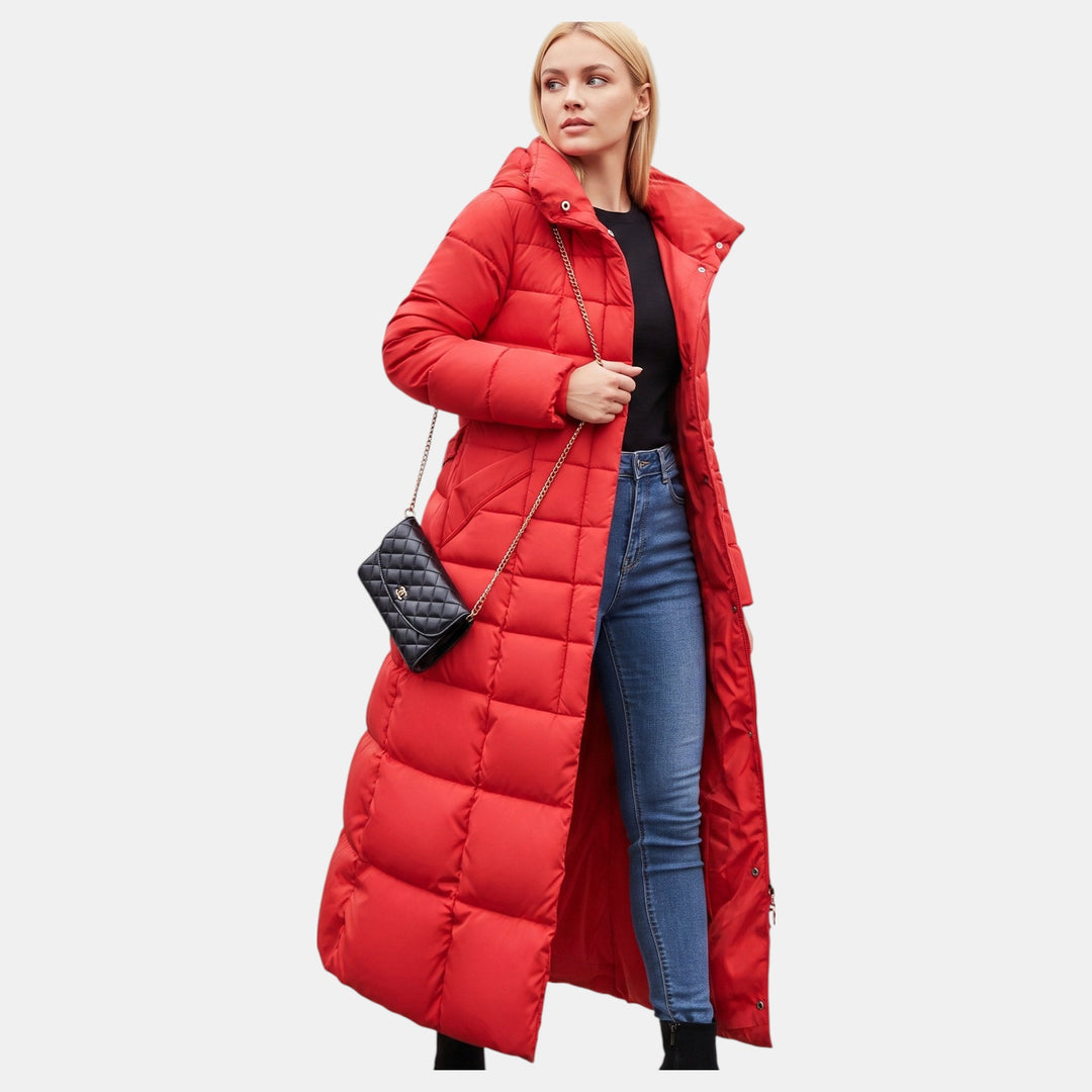 Women's Maxi Quilted Puffer Coat with Faux Fur Hood and Self-Tie Belt