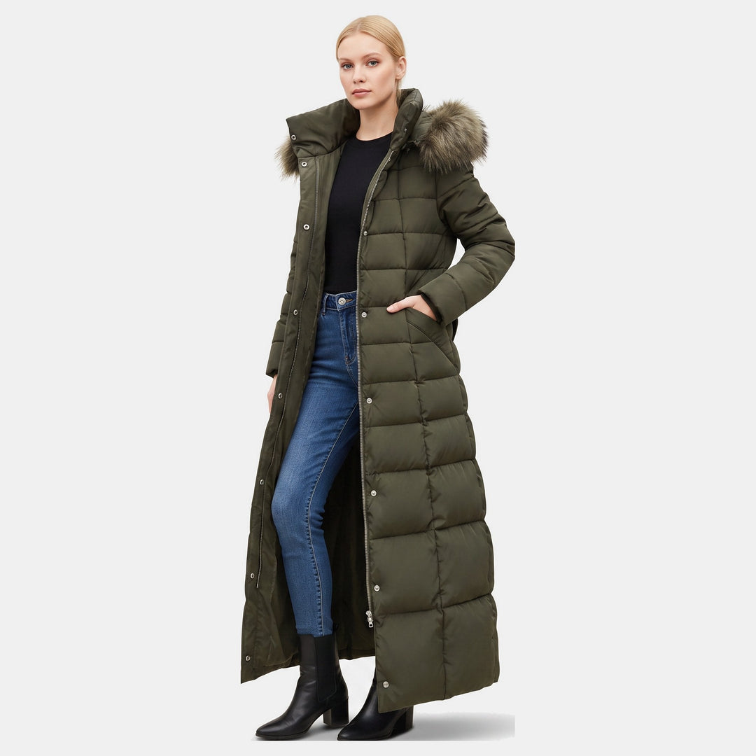 Women's Maxi Quilted Puffer Coat with Faux Fur Hood and Self-Tie Belt