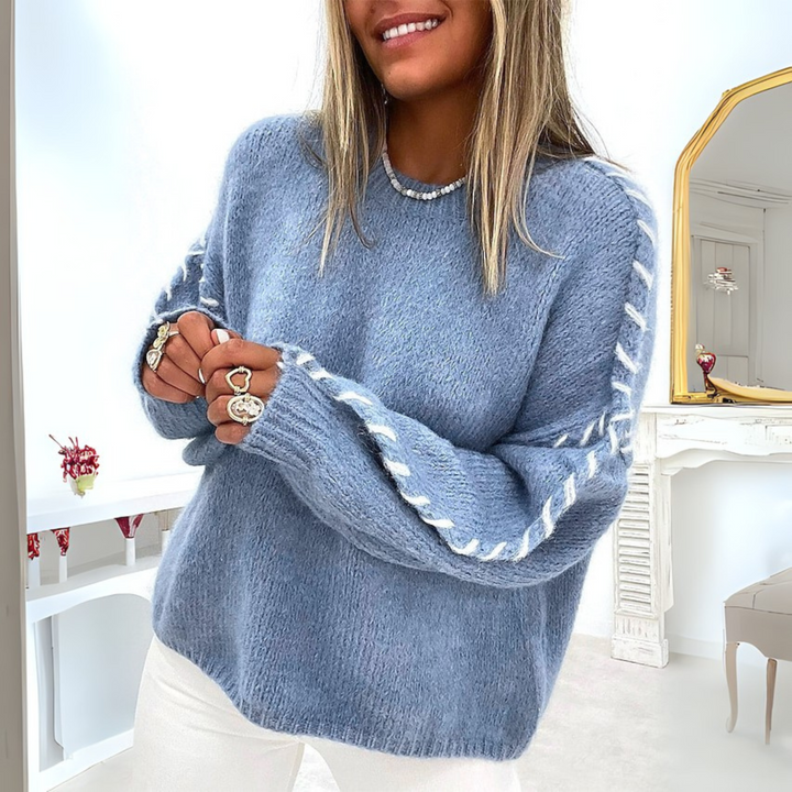 Women's Oversized Crew Neck Knit Sweater with Contrast Sleeve Stitching
