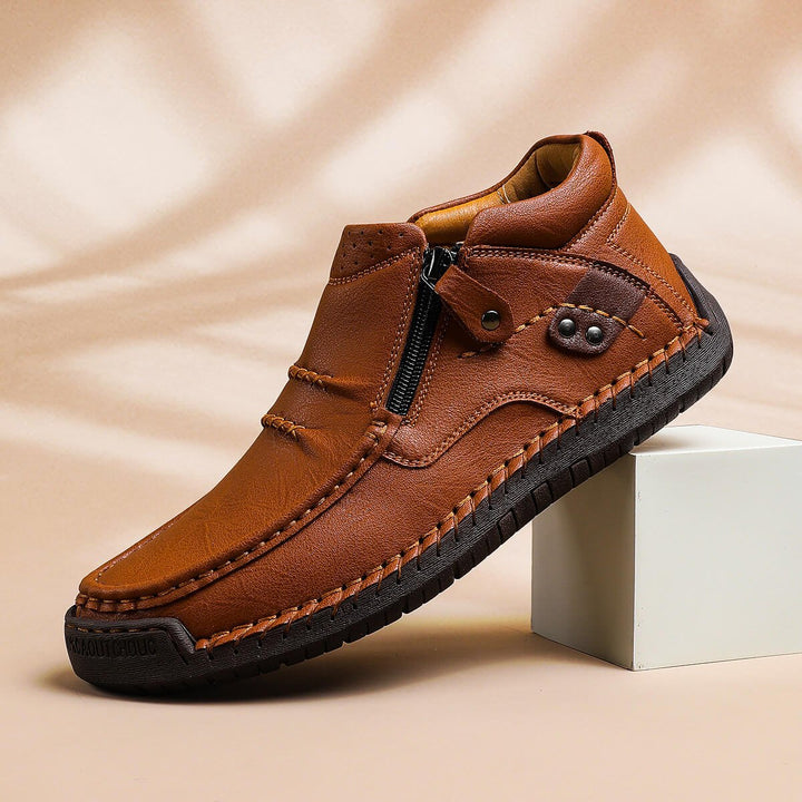 Langford Men's Leather Casual Shoe with Side Zip and Hand-Stitched Detail
