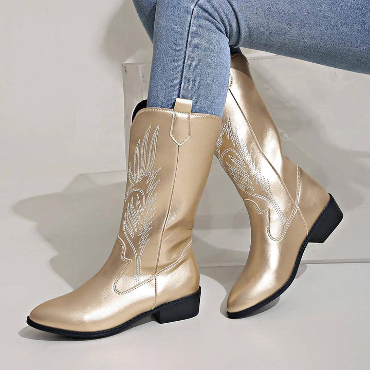 Lennox Women's Metallic Gold Western Cowboy Boots with Embroidered Stitch Detail