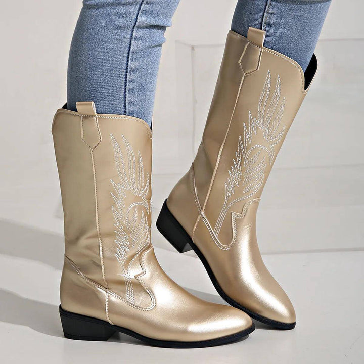 Lennox Women's Metallic Gold Western Cowboy Boots with Embroidered Stitch Detail