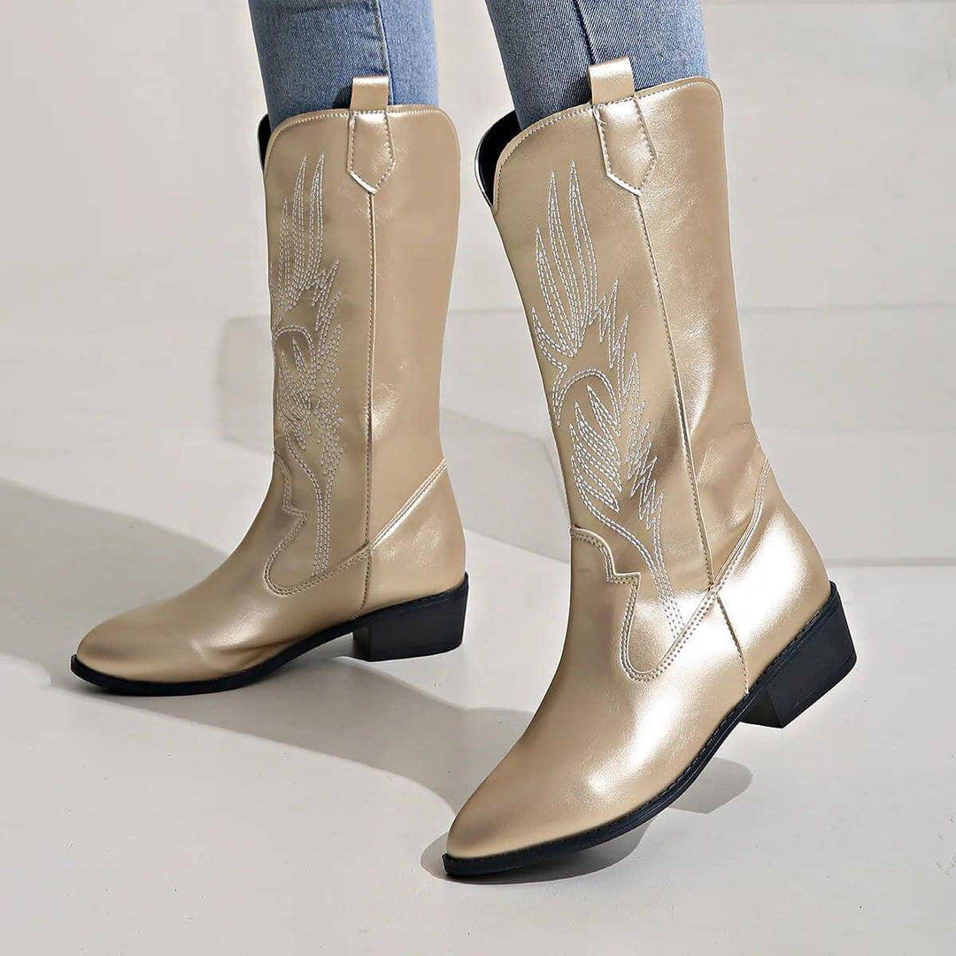 Lennox Women's Metallic Gold Western Cowboy Boots with Embroidered Stitch Detail