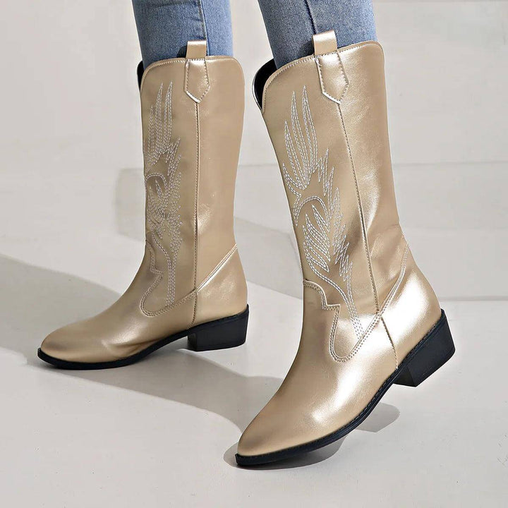 Lennox Women's Metallic Gold Western Cowboy Boots with Embroidered Stitch Detail