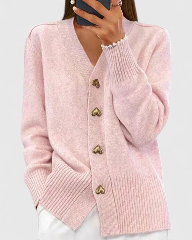 Leona Women's Knit Cardigan with Gold Heart Buttons in Pink