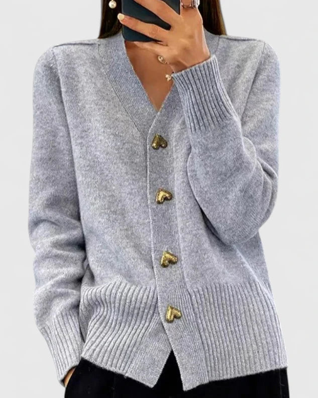 Leona Women's Knit Cardigan with Gold Heart Buttons in Pink