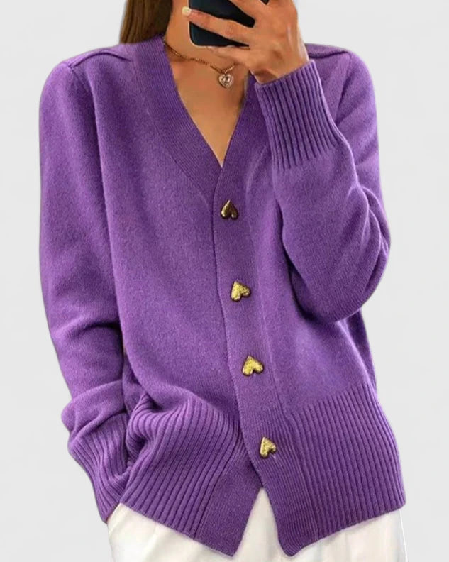 Leona Women's Knit Cardigan with Gold Heart Buttons in Pink