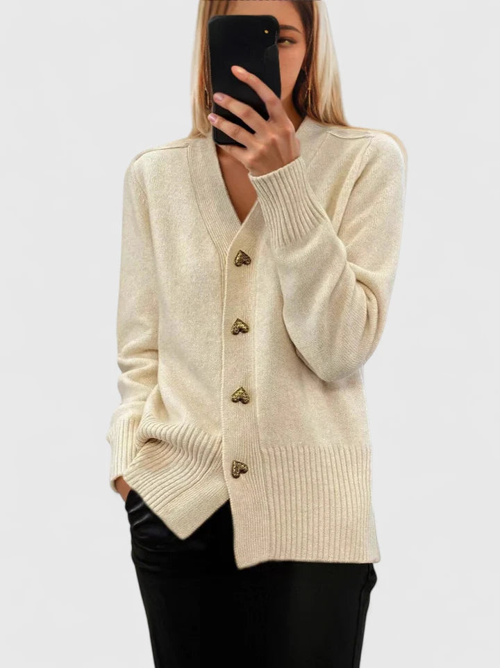 Leona Women's Knit Cardigan with Gold Heart Buttons in Pink