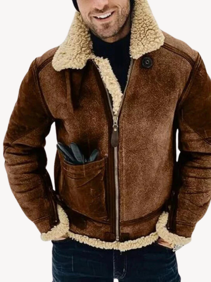 Men's Brown Shearling Aviator Jacket with Sherpa Lining and Front Zip